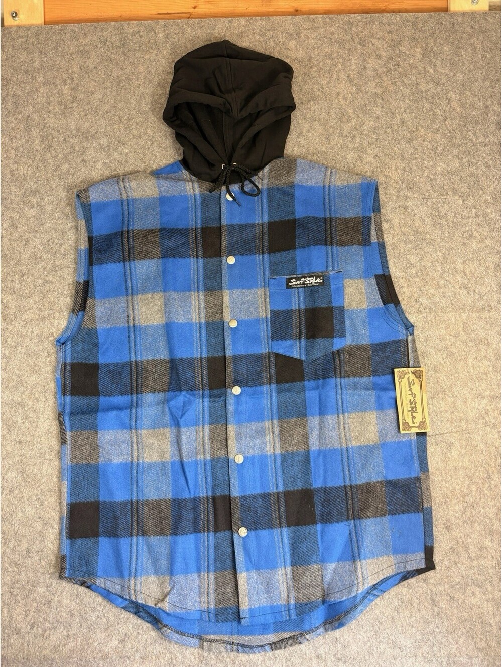Vintage Surf Style 90s Plaid Flannel Snap Button Sleeveless Hoodie USA L-XL